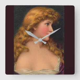 Schöne Frau aus dem 19. Jahrhundert mit langen Haa Quadratische Wanduhr