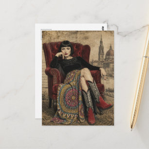 Schöne Frau aus den 1920er Jahren sitzt in einem r Postkarte