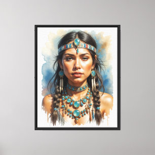 Schöne Frau Boho Indianerin mit Schmuck Leinwanddruck