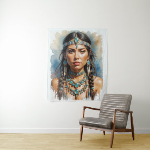 Schöne Frau Boho Indianerin mit Schmuck Wandteppich