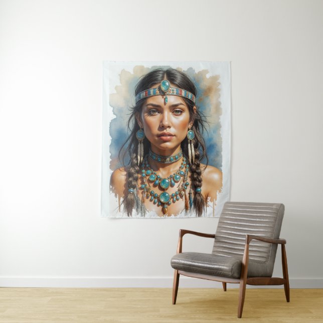 Schöne Frau Boho Indianerin mit Schmuck Wandteppich (Beispiel)