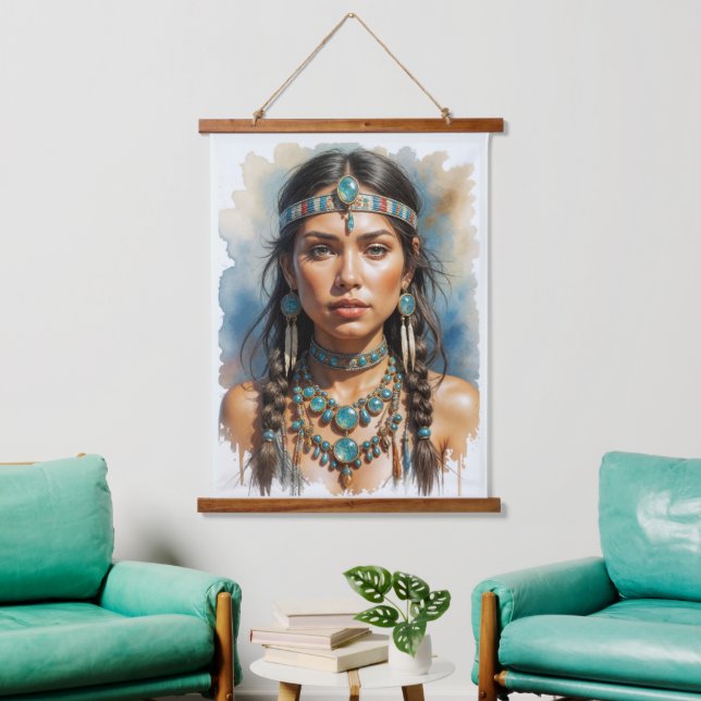 Schöne Frau Boho Indianerin mit Schmuck Wandteppich Mit Holzrahmen (Wohnzimmer)