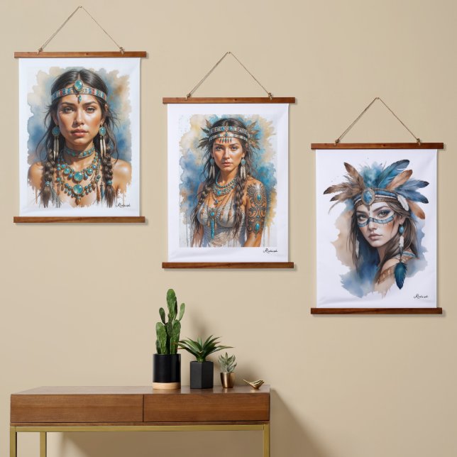 Schöne Frau Boho Native American mit Schmuck Wandteppich Mit Holzrahmen (Asymmetrisch)