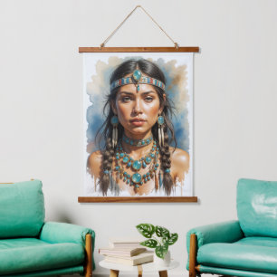 Schöne Frau Boho Native American mit Schmuck Wandteppich Mit Holzrahmen