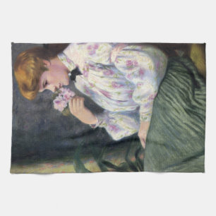 Schöne Frau, die den Duft von Blumen riecht (Träum Geschirrtuch