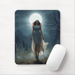 Schöne Frau, die in einem mondbeschienenen Friedho Mousepad