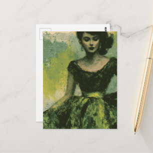 Schöne Frau in den 1950er Jahren im grünen Kleid Postkarte