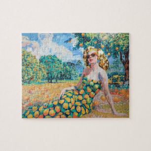 Schöne Frau in einem Orangengarten Puzzle