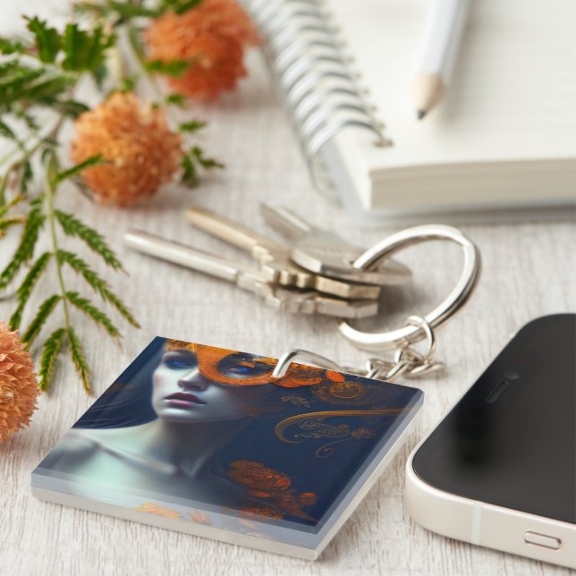 Schöne Frau in Orange AI Generierte Kunst Schlüsselanhänger (Vorderseite rechts)