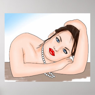 Schöne Frau in Perlen mit blauen Augen Poster