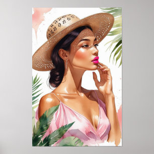 Schöne Frau in Rosa Aquarell Poster