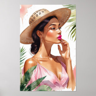 Schöne Frau in Rosa Aquarell Poster