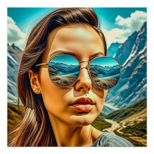 Schöne Frau in Sonnenbrille Bergreflexion Poster