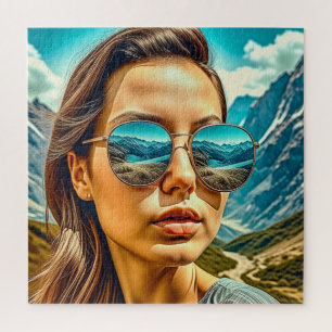 Schöne Frau in Sonnenbrille Bergreflexion Puzzle