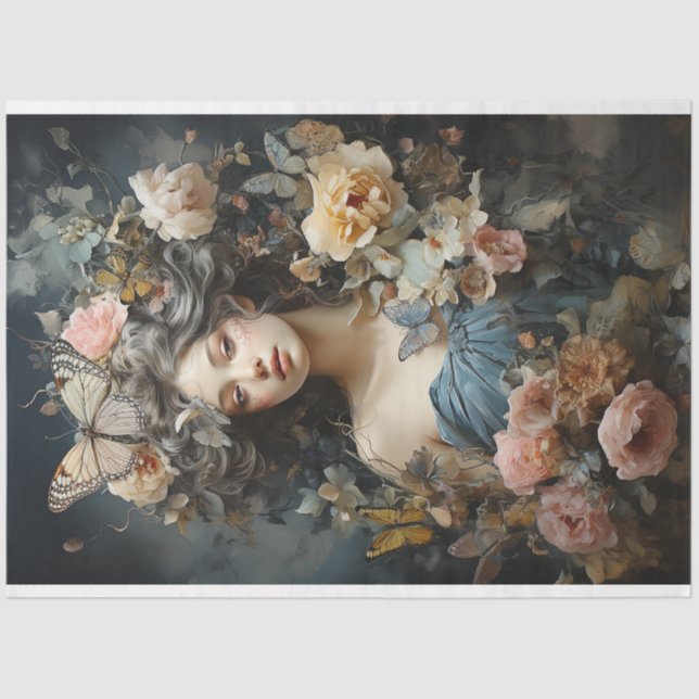 Schöne Frau in Vintagem Kleid mit Schmetterlingen Seidenpapier (Vorderseite)