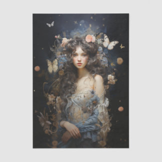 Schöne Frau in Vintagem Kleid mit Schmetterlingen Seidenpapier