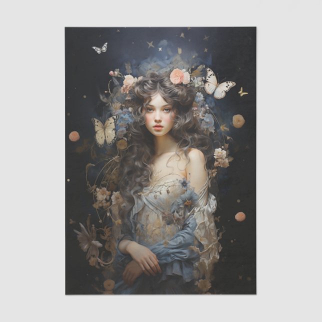 Schöne Frau in Vintagem Kleid mit Schmetterlingen Seidenpapier (Vorderseite)