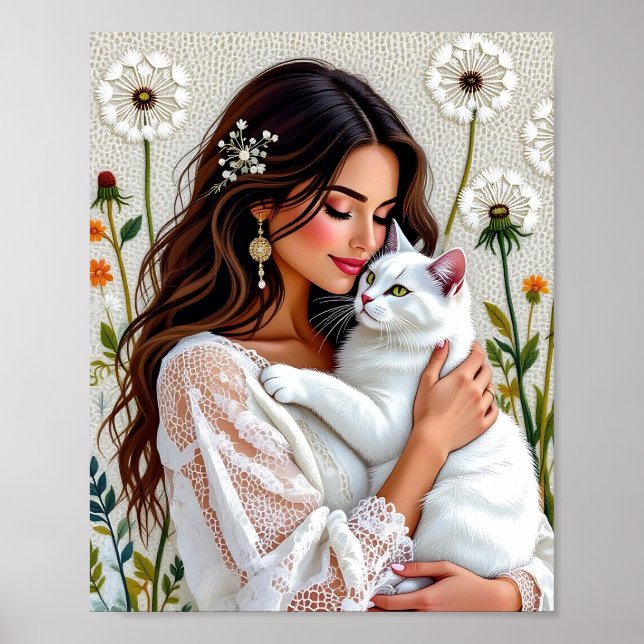 Schöne Frau, Katze und Löwenzahn Poster (Vorne)