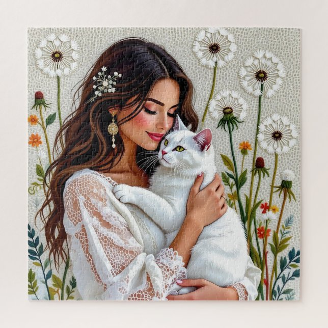 Schöne Frau, Katze und Löwenzahn Puzzle (Vertikal)