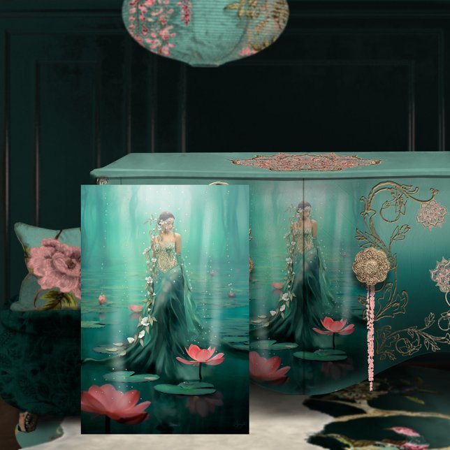 Schöne Frau Lotus Water Emerald Green Seidenpapier (Arise Woman in the Lotus marsh Portrait art Furniture Decoupage Mock Up)