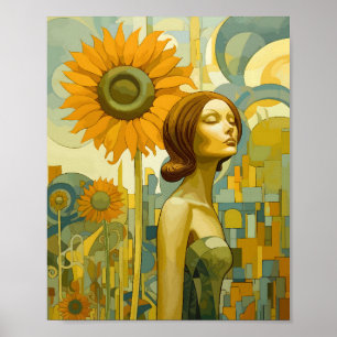 Schöne Frau mit Blick auf den Himmel Sonnenblume Poster