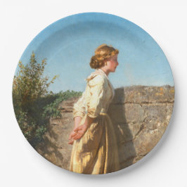 Schöne Frau mit Blick auf die Mauer (Vintag) Pappteller