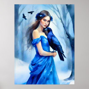 Schöne Frau mit einem Raben in einem Schneewald Poster