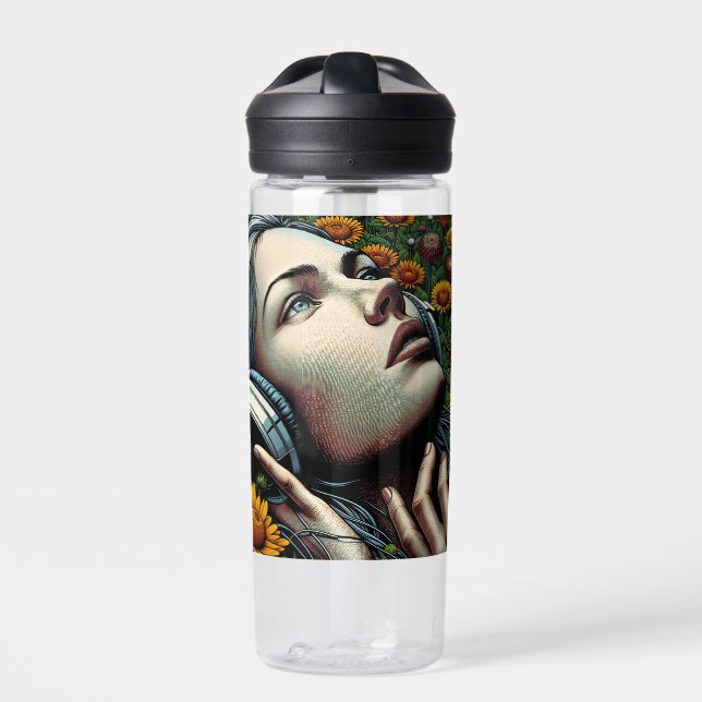 Schöne Frau mit Kopfhörern in Sonnenblumen Trinkflasche (Vorderseite)