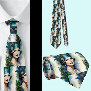 Schöne Frau mit Peacock Feathers Neck Tie Krawatte
