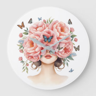 Schöne Frau mit riesigen rosa Rosen und Schmetterl Große Wanduhr