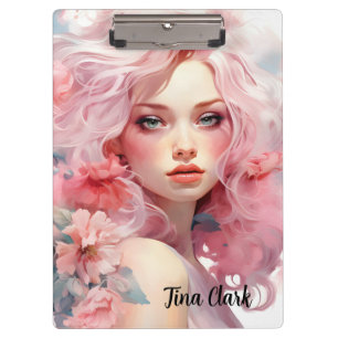 Schöne Frau mit rosa Haar und rosa Kleid Klemmbrett