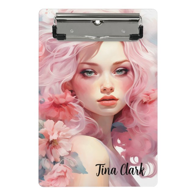 Schöne Frau mit rosa Haar und rosa Kleid Mini Klemmbrett (Vorderseite)