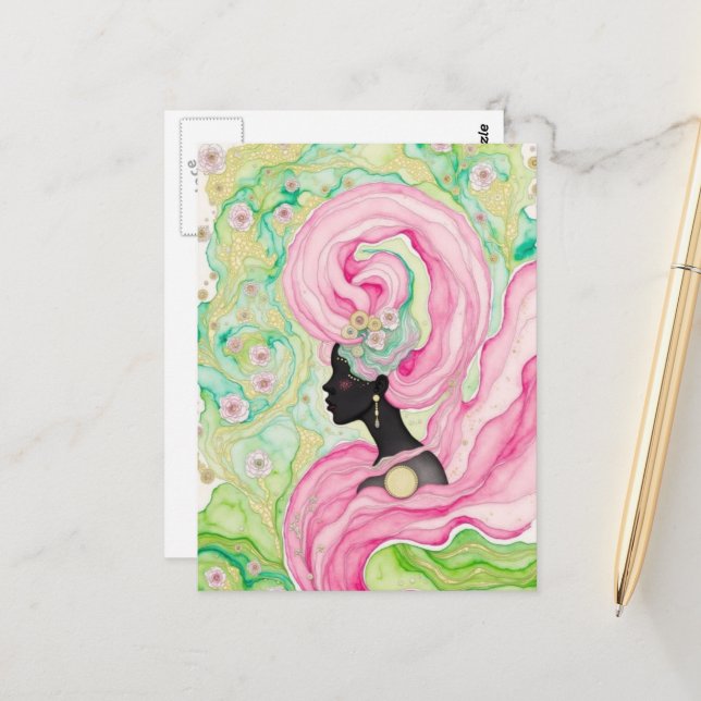Schöne Frau mit rosa Haaren Postkarte (Vorderseite/Rückseite Beispiel)