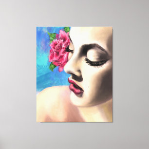 Schöne Frau mit Rote Rose Canvas Print - Malerei Leinwanddruck
