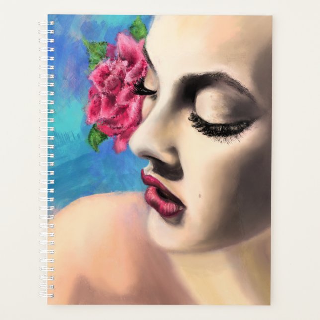 Schöne Frau mit Rote Rose - Originelle Malerei Planer (Vorderseite)