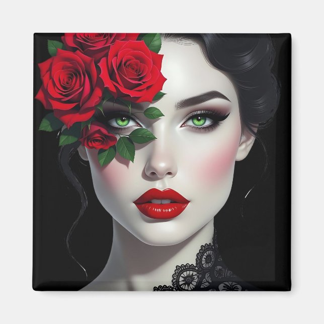 Schöne Frau mit roter Rose Magnet (Vorne)