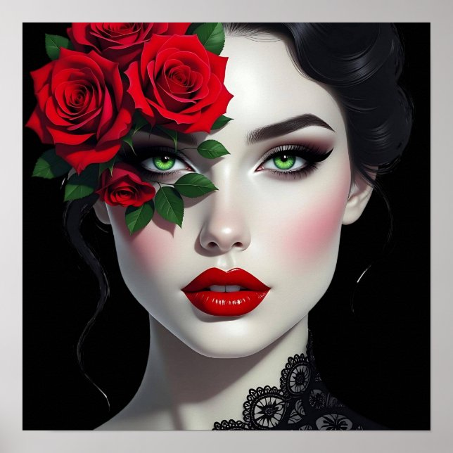 Schöne Frau mit roter Rose Poster (Vorne)