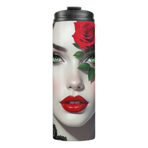 Schöne Frau mit roter Rose Thermosbecher