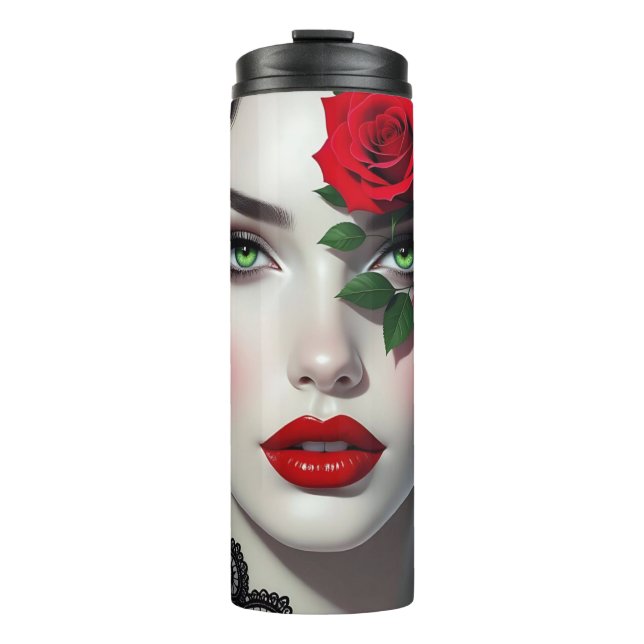 Schöne Frau mit roter Rose Thermosbecher (Vorderseite)