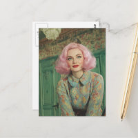 Schöne Frau rosa Haar Retro Haus