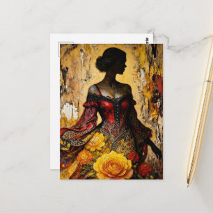 Schöne Frau rotes Kleid gelbe Rosen Postkarte