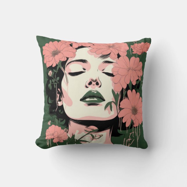 Schöne Frau und Blume Kissen (Vorderseite)
