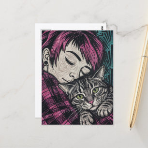 Schöne Frau und ihre Katze Holzschnitt Postkarte