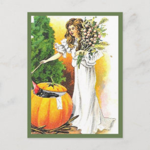 Schöne Frau und Kürbis - Vintage Halloween Postkarte