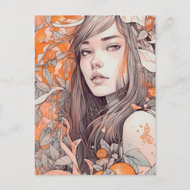 Schöne Frau und Orangen Postkarte (Vorderseite)
