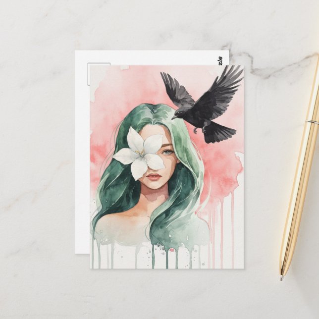 Schöne Frau und schwarzer Vogel Postkarte (Vorderseite/Rückseite Beispiel)