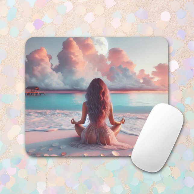 Schöne Frauen meditieren auf Beach Blank Mousepad (Von Creator hochgeladen)
