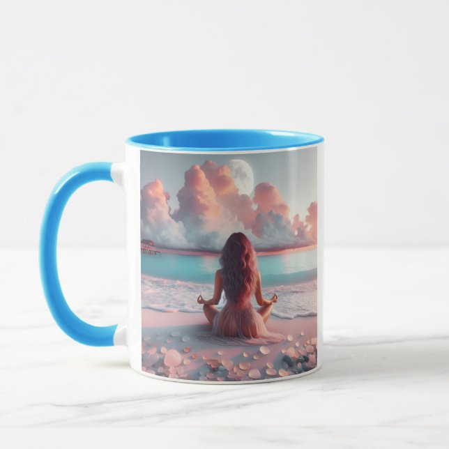 Schöne Frauen meditieren auf Beach Blank Tasse (Links)