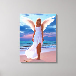 Schöne Frauen mit Angel Wings am Strand Leinwanddruck