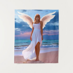 Schöne Frauen mit Angel Wings am Strand Wandteppich